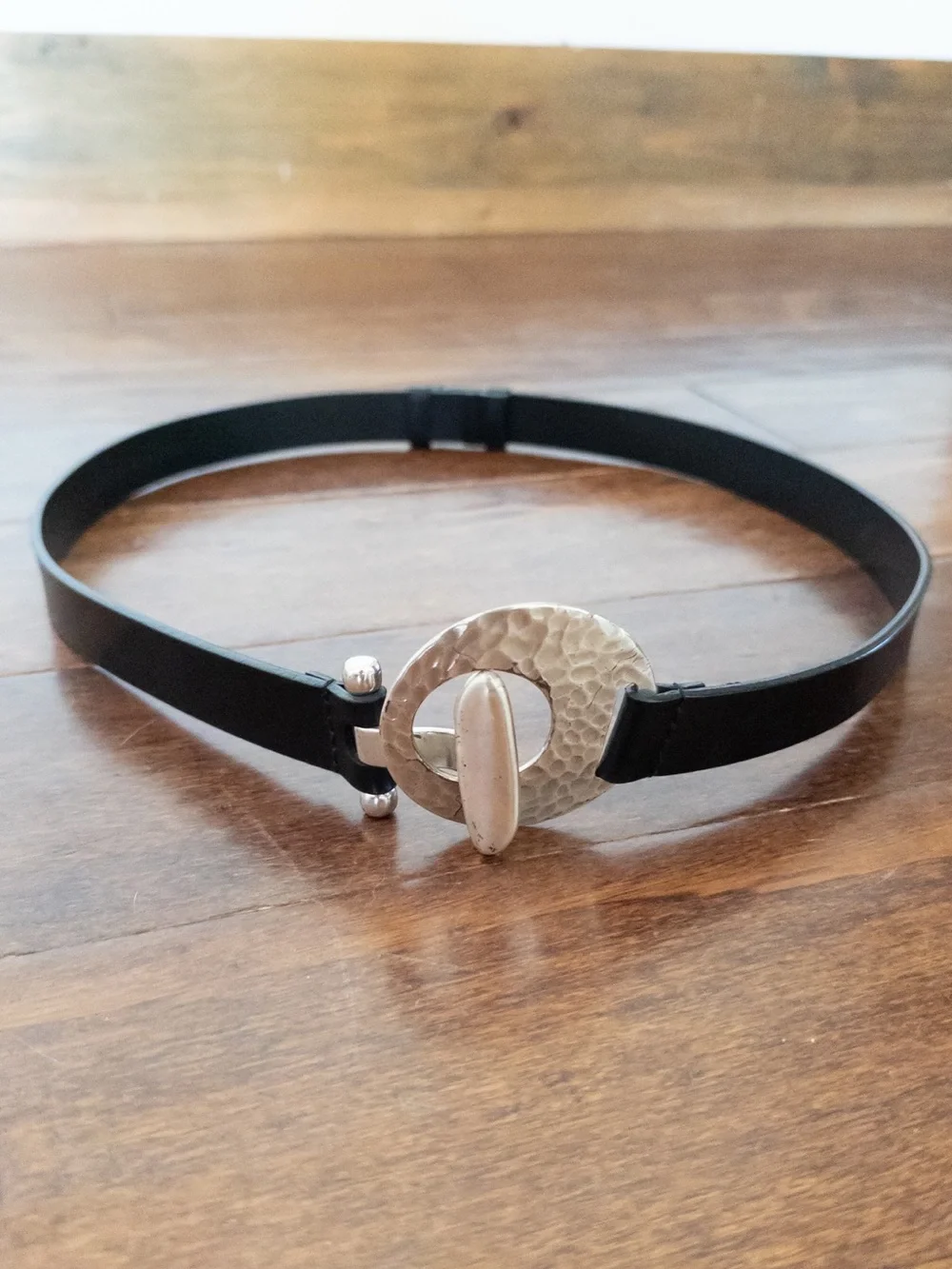 Black Adjustable Leather Belt Hammered Silver Statement Buckle Boho Modern